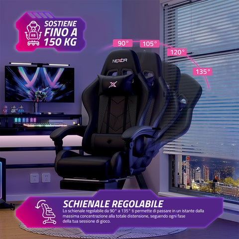 nexor sedia gaming reclinabile con poggiapiedi estraibile cuscino lombare e poggiatesta ean 8052879011771
