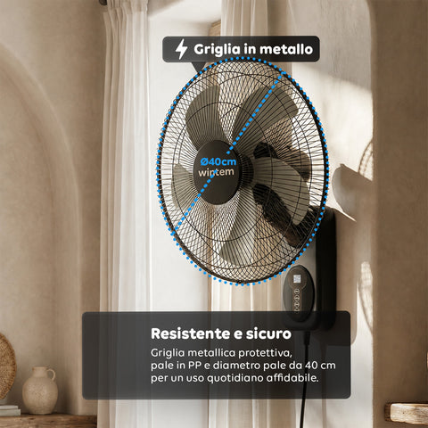 wintem barrow ventilatore da parete nero 40cm 60w 8 velocita con telecomando e timer 9h oscillazione 120 e inclinazione 30 ean 8056819040210