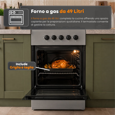wintem cucina a gas 50x50 cm con forno a gas 49 litri 4 fuochi di diversa potenza valvole di sicurezza e coperchio ean 8056819078930