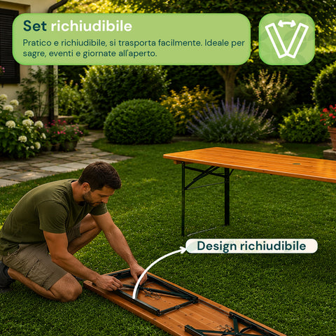 zendea set tavolo e 2 panche pieghevoli da giardino 120cm in legno con struttura in ferro e foro ombrellone 5cm portata tavolo 200kg ean 8050030810768