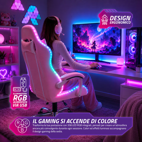 nexor sedia gaming ergonomica con luci rgb e cuscino lombare massaggiante poltrona ufficio reclinabile con telecomando ean 8056819078855
