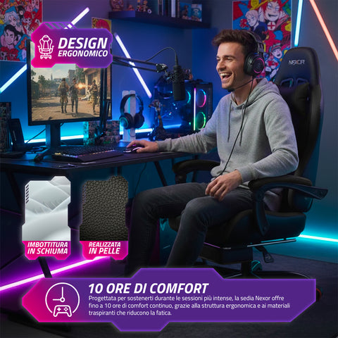 nexor sedia gaming reclinabile con poggiapiedi estraibile cuscino lombare e poggiatesta ean 8052879011771