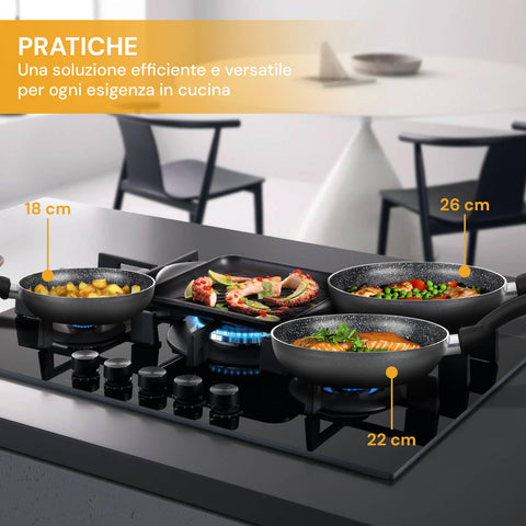 pensofal set 3 padelle antiaderenti 18 22 26 cm in alluminio per induzione e gas ean 8020173085798