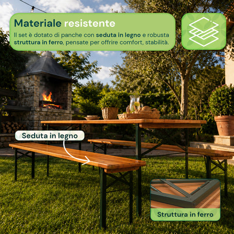 zendea set tavolo e 2 panche pieghevoli da giardino 120cm in legno con struttura in ferro e foro ombrellone 5cm portata tavolo 200kg ean 8050030810768