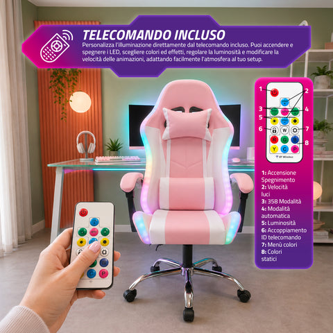 nexor sedia gaming ergonomica con luci rgb e cuscino lombare massaggiante poltrona ufficio reclinabile con telecomando ean 8056819078855