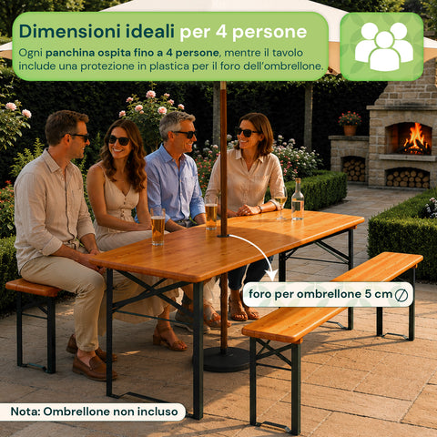 zendea set tavolo e 2 panche pieghevoli da giardino 120cm in legno con struttura in ferro e foro ombrellone 5cm portata tavolo 200kg ean 8050030810768