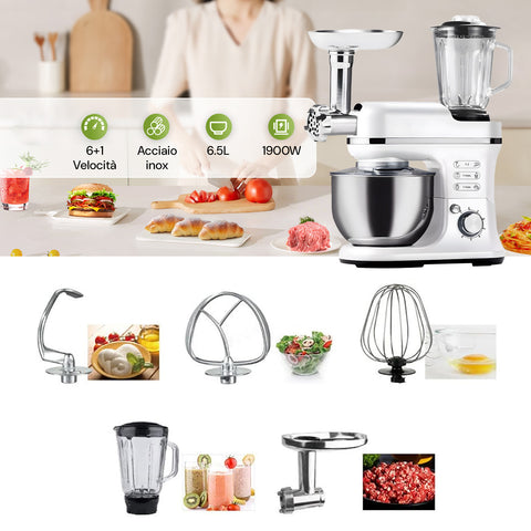 Robot Impastatrice Planetaria Con Tritacarne E Frullatore 6,5l 1900w