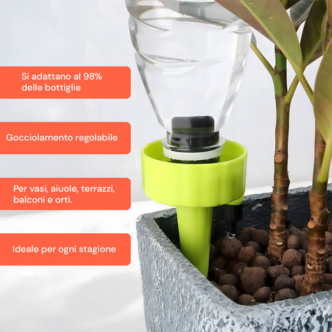 Set 2 dispositivi autoirrigazione con attacco bottiglia, 98% compatibilità e gocciolamento regolabile per vasi, aiuole, terrazzi