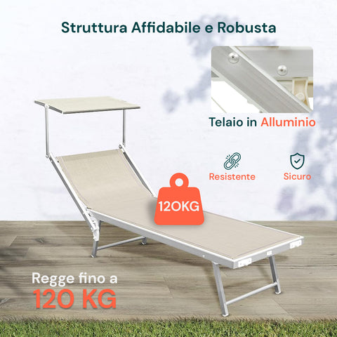 Lettino Da Mare Pieghevole Con Parasole In Alluminio 183x61x38cm Beige