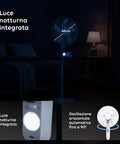 Luce notturna integrata con pale da 40cm, oscillazione orizzontale automatica fino a 90 gradi, funzionamento silenzioso