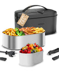 Set completo lunch box elettrico 1,5L con contenitori acciaio inox, doppi cavi alimentazione casa-auto e contenitore frutta
