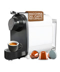 Macchina da caffè DCG compatibile Nespresso per capsule nera con espresso in tazzina e capsule colorate, design compatto elegante