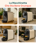 Macchina da caffè DCG la macchinetta che sta bene ovunque, mostrata in 4 ambienti diversi di cucina moderna, colore beige elegante