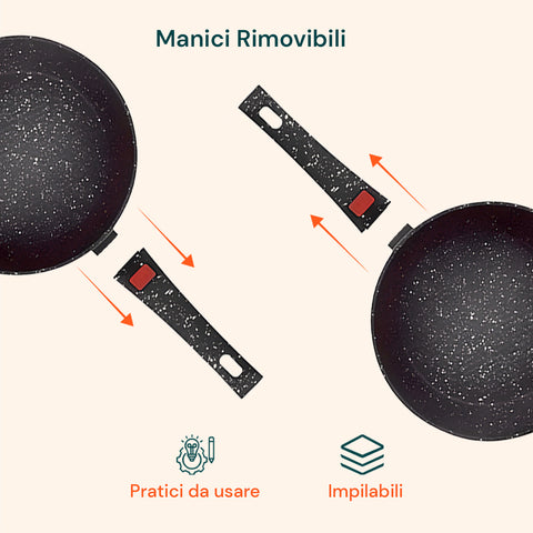 Manici rimovibili pratici da usare e padelle impilabili per spazio ottimizzato e cucina perfettamente organizzata