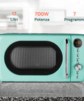 Microonde Staylux Verde 17 Litri con 700W di potenza e 7 programmi automatici, vista frontale con specifiche tecniche evidenziate per cucine moderne