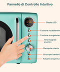 Pannello di controllo intuitivo del Microonde Staylux 17 Litri Verde Retrò con display LED, funzioni riscaldamento e scongelamento, timer, manopola rotante e sicurezza bambini per un utilizzo semplice e sicuro