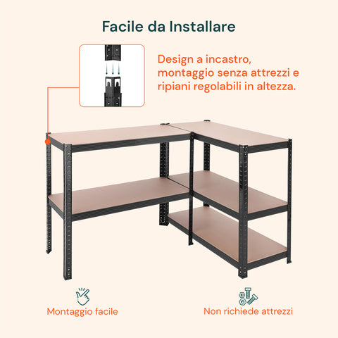 Sistema montaggio a incastro facile da installare senza attrezzi, ripiani regolabili in altezza per massima versatilità