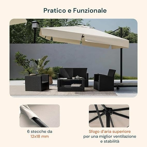 Ombrellone da Giardino 300 cm con Braccio Decentrato, Manovella e Tessuto Impermeabile Ean 8023755051617