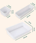 Organizer con dimensioni precise: contenitori 7,5x7,3cm, 23,4x7,3cm e 23,7x15,8cm modulari per perfetta organizzazione cassetti