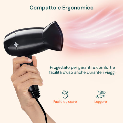Asciugacapelli compatto ed ergonomico, facile da usare e leggero per comfort durante il viaggio, garantisce styling perfetto