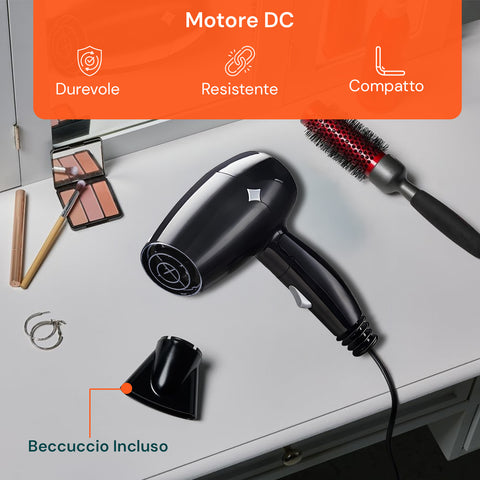 Motore DC durevole, resistente e compatto con beccuccio incluso, phon su tavolo con accessori makeup per beauty routine completa