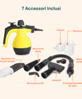 Pulitore a Vapore Portatile 100° 1050W Serbatoio 350ml con Riscaldamento Rapido e 7 Accessori Inclusi, Giallo  e Nero Ean 8059300010181