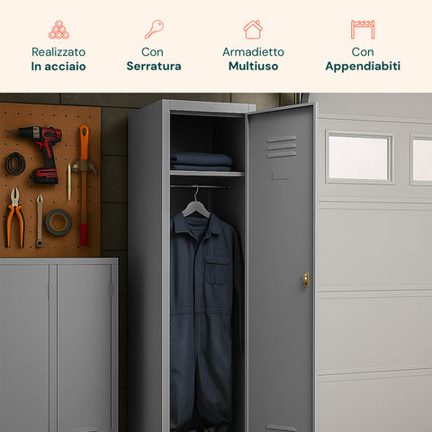 Armadietto Spogliatoio 1 Posto Grigio In Acciaio Con Serratura E Appendiabiti