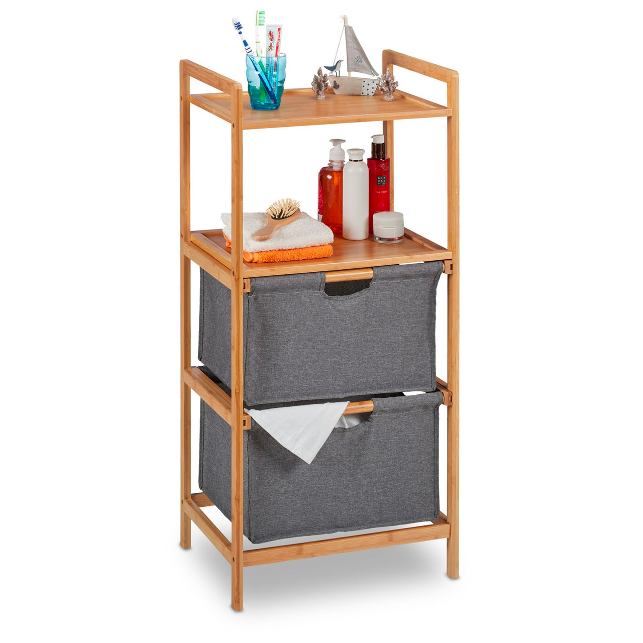 Avilia Scaffale in Bambù con 2 Ripiani e 2 Cestini in Stoffa Salvaspazio Multiuso Ean 8056819050080