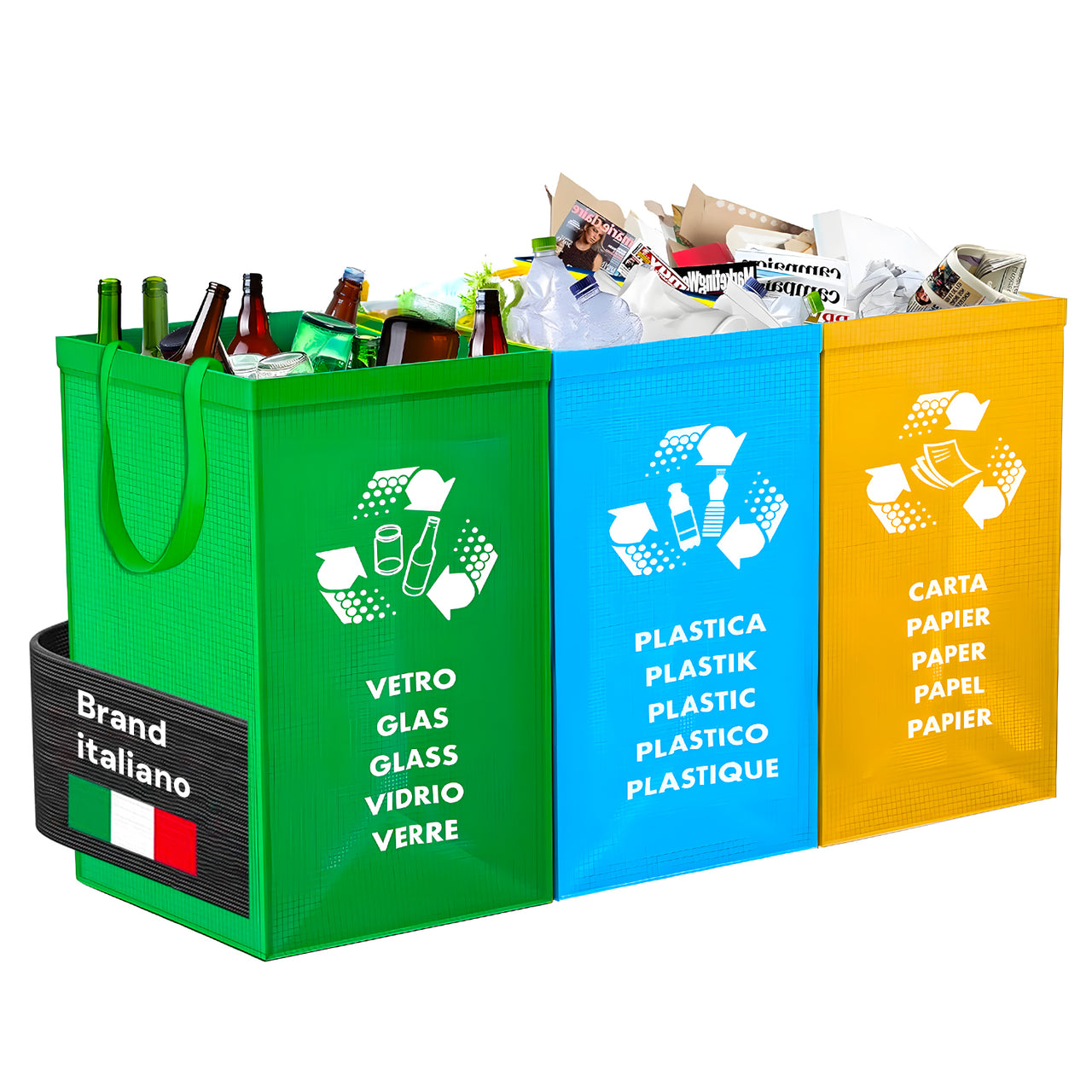 Set 3 borse raccolta differenziata in plastica lavabile con etichette multilingue - Contenitori colorati per vetro (verde), plastica (blu) e carta (giallo) di produzione italiana