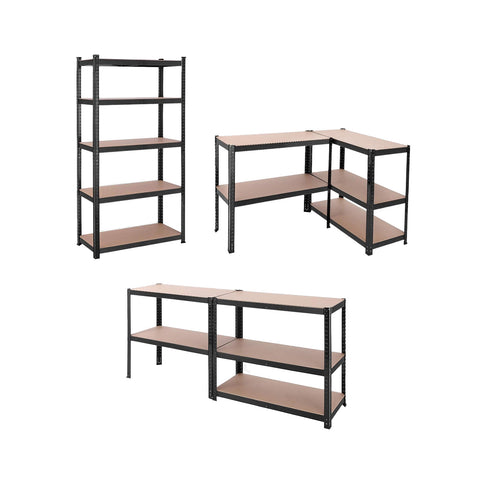 Scaffale 5 ripiani KOMBO in acciaio verniciato nero e MDF laminato effetto legno, portata 875kg, diverse configurazioni modulari