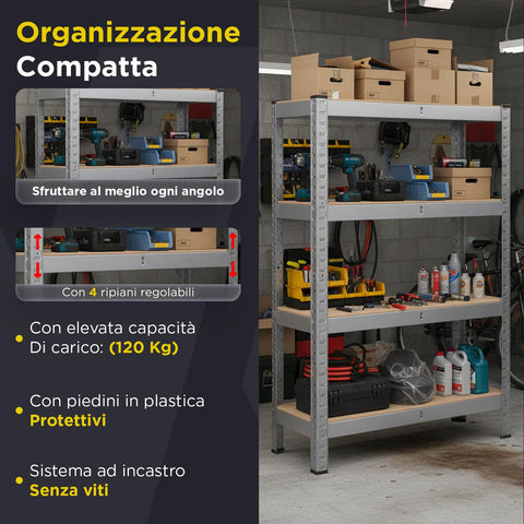 Scaffale Modulare con Struttura in Metallo e 4 Ripiani MDF Resistenti