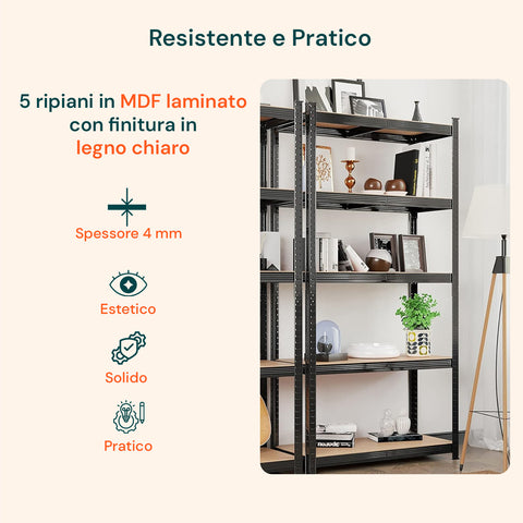 Scaffale resistente e pratico con 5 ripiani in MDF laminato spessore 4mm effetto legno chiaro, estetico solido durevole