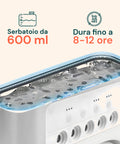 Serbatoio da 600ml per autonomia 8-12 ore di nebulizzazione continua e umidificazione, sistema interno trasparente