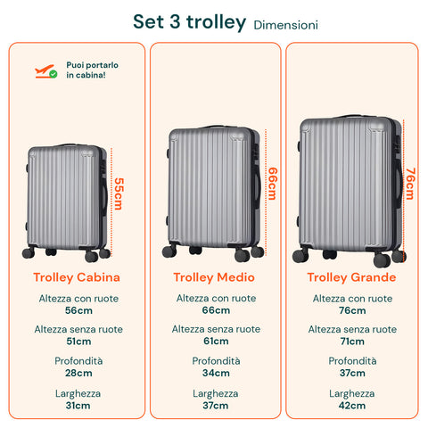 Set 3 Trolley Con Manico Telescopico E Ruote 56/66/76cm Argento