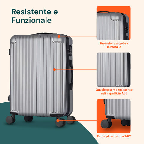 Set 3 Trolley Con Manico Telescopico E Ruote 56/66/76cm Argento