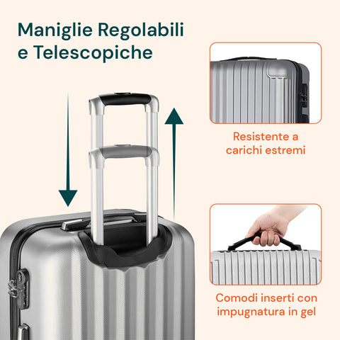 Set 3 Trolley Con Manico Telescopico E Ruote 56/66/76cm Argento