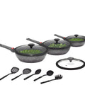 Set completo 12 pezzi con padelle 20cm, 24cm, 28cm, coperchi in vetro e 5 utensili in nylon, perfetto per verdure fresche