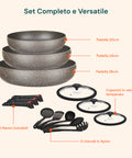 Set completo e versatile con padelle 20cm, 24cm, 28cm, coperchi in vetro temperato e 5 utensili in nylon inclusi
