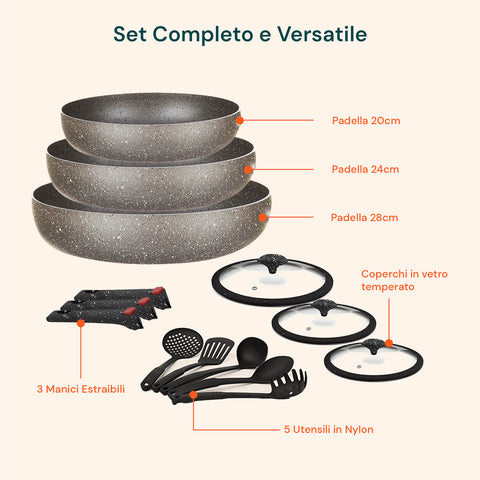 Set completo e versatile con padelle 20cm, 24cm, 28cm, coperchi in vetro temperato e 5 utensili in nylon inclusi
