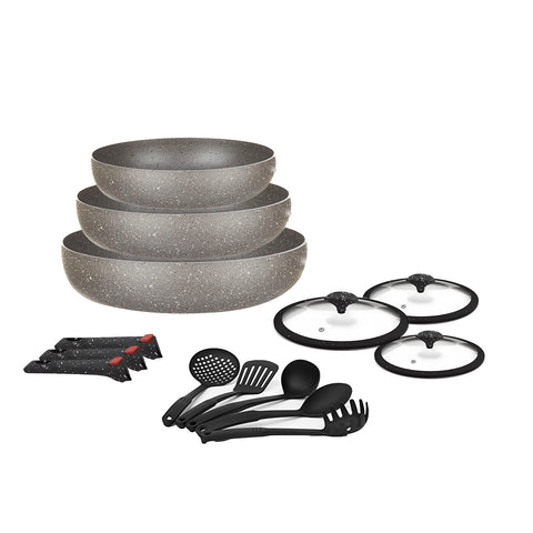 Set padelle 12 pezzi Bavaria grigie ad induzione con manici removibili, 3 coperchi e 5 mestoli in nylon inclusi