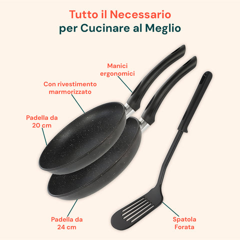 Tutto il necessario per cucinare al meglio: manici ergonomici, padelle da 20 e 24cm con spatola forata inclusa