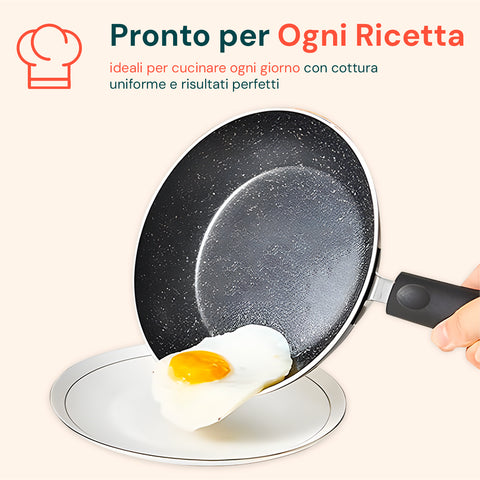 Pronto per ogni ricetta con cottura uniforme e risultati perfetti, superficie antiaderente effetto marmo professionale
