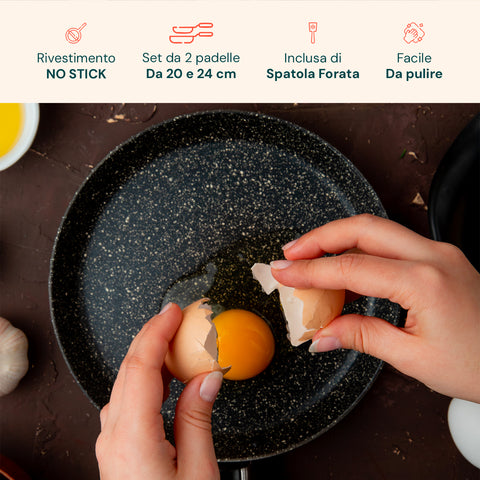 Rivestimento NO STICK del set 2 padelle da 20 e 24cm con spatola inclusa, facile da pulire e antiaderente