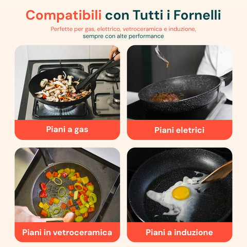 Padelle compatibili con tutti i fornelli: gas, elettrico, vetroceramica e induzione, sempre con alte performance di cottura