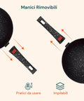 Set padelle Bavaria con sistema manici removibili - design pratico da usare e impilabile per ottimizzare lo spazio in cucina