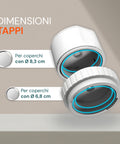 Dimensioni tappi sigillatore sottovuoto: compatibile con coperchi diametro 8,3 cm e 6,8 cm, schema tecnico del dispositivo