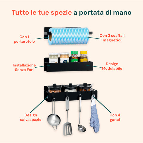 Set 3 Organizer Magnetico Cucina: Porta Spezie, Barattoli e Porta Rotolo Senza Fori