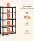 Struttura in acciaio verniciato nero con portata totale 875kg, 175kg per ripiano, resistente durevole per uso domestico professionale