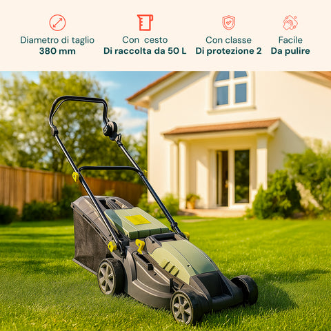 Tosaerba Elettrico 1600W con Regolazione Altezza, Motore AC e Ruote XL