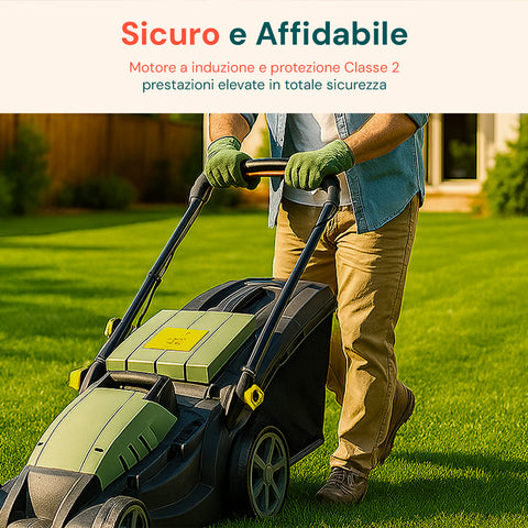 Tosaerba Elettrico 1600W con Regolazione Altezza, Motore AC e Ruote XL